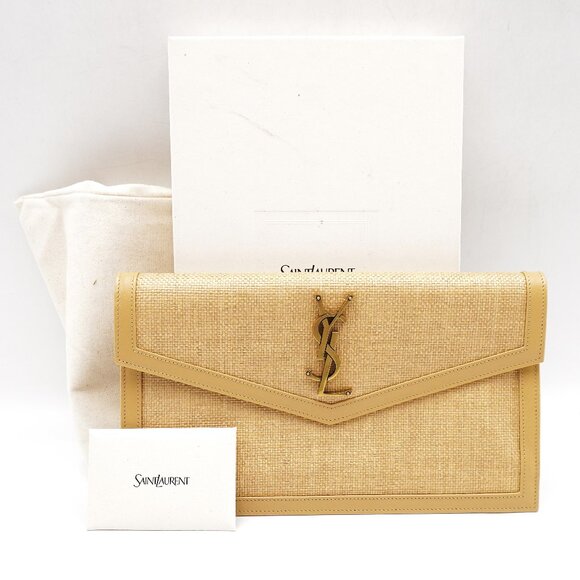 NIB Saint Laurent Uptown Micro Raffia Pouch in Natural Hay and Blush - Picture 1 of 12
